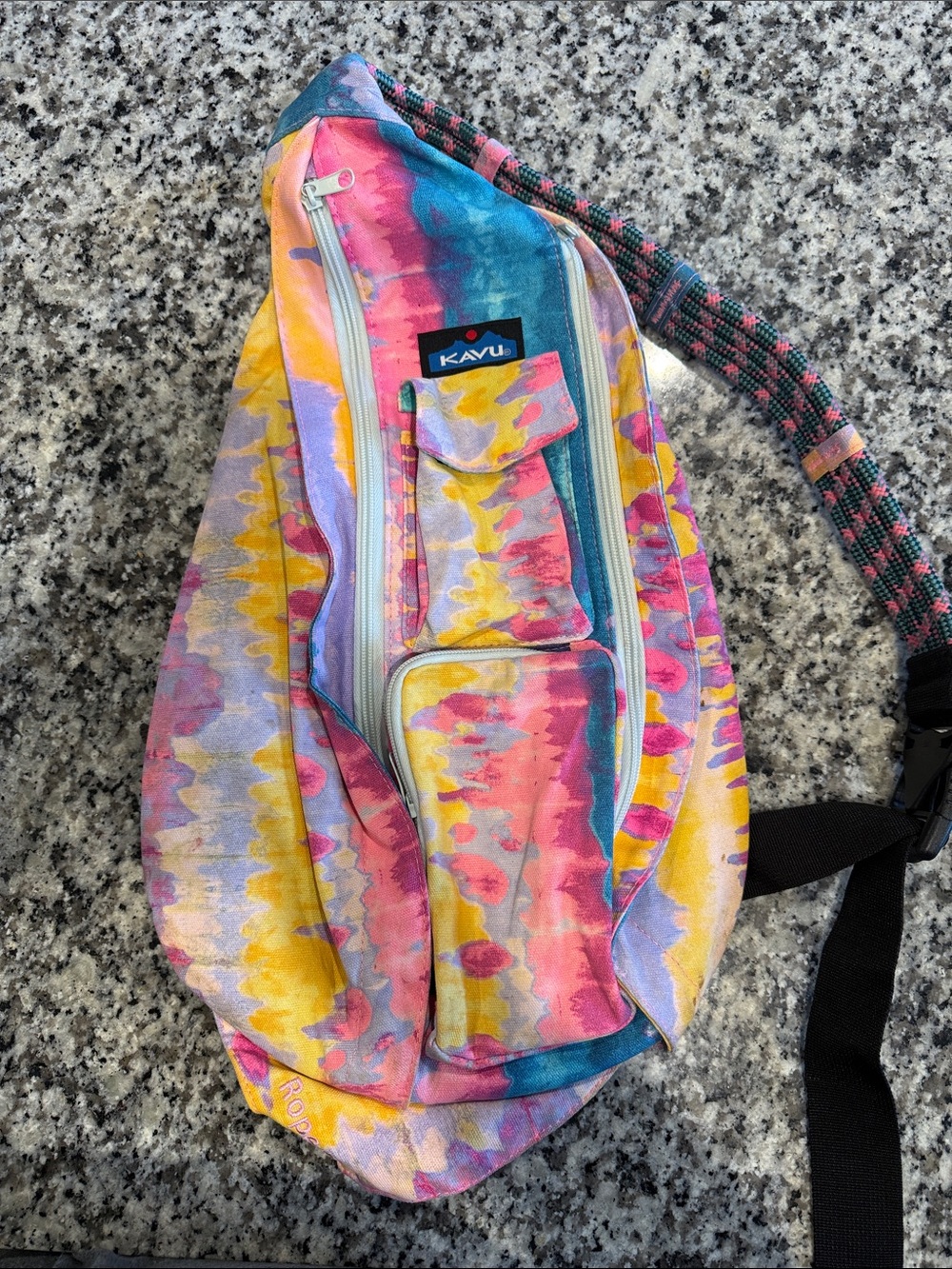 Kavu Multicolor Tie-Dye Crossbody Sling — Pink, Yellow, Blue, Purple